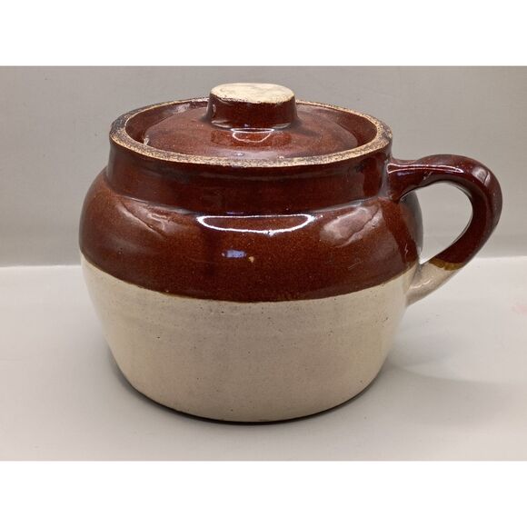 Antique Small Bean Pot Single Handle Stoneware Crock Brown Cream USA Crockery - Picture 2 of 15
